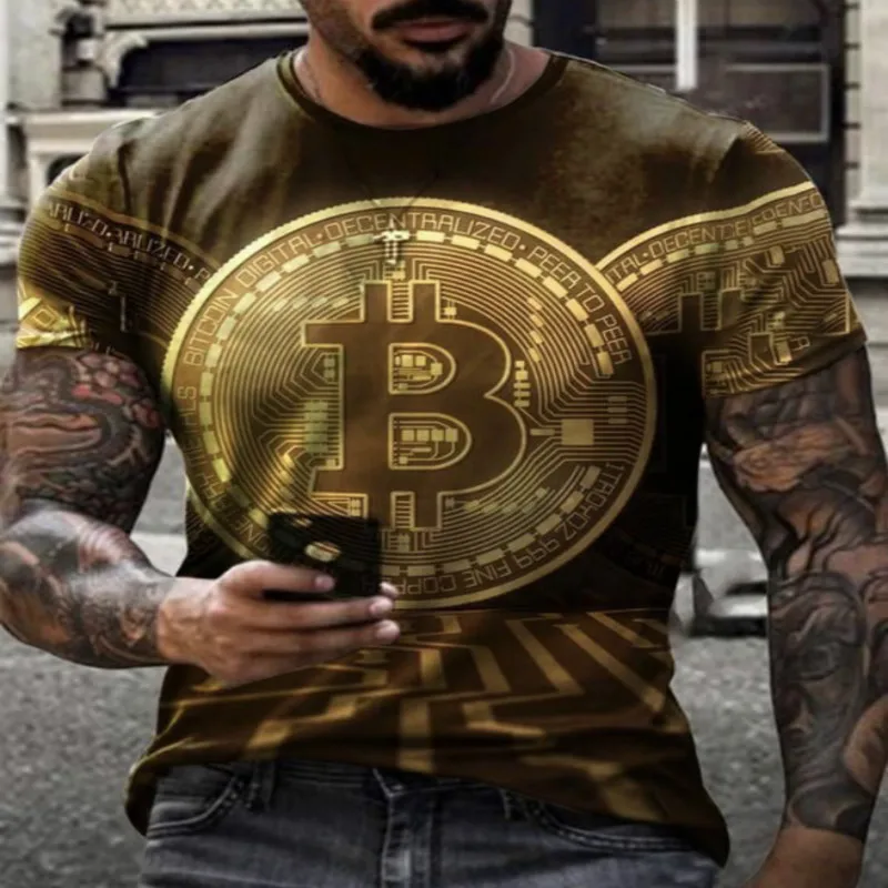

European and American new men's T-shirts Bitcoin 3D printing round neck short-sleeved street trend short-sleeved tops for men