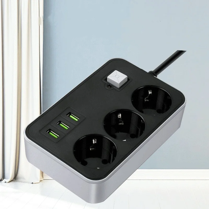 

EU Plug Household Charger Power Strip Universal Extension Cord Charging Overload Protection 3 USB Ports Socket 10A 250V Square