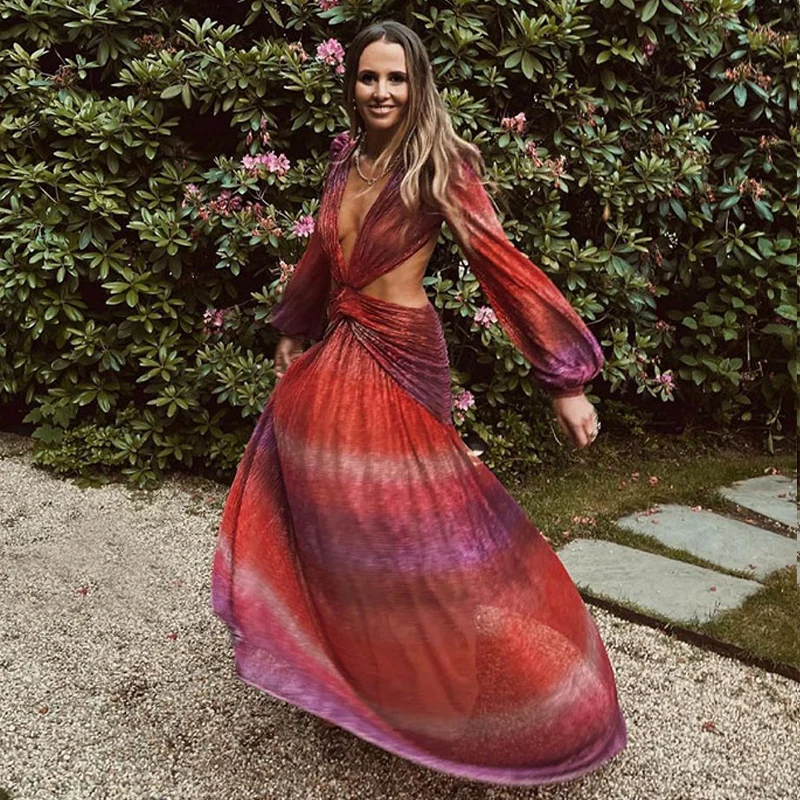 Женское ажурное платье с V-образным вырезом и открытой спиной длинное