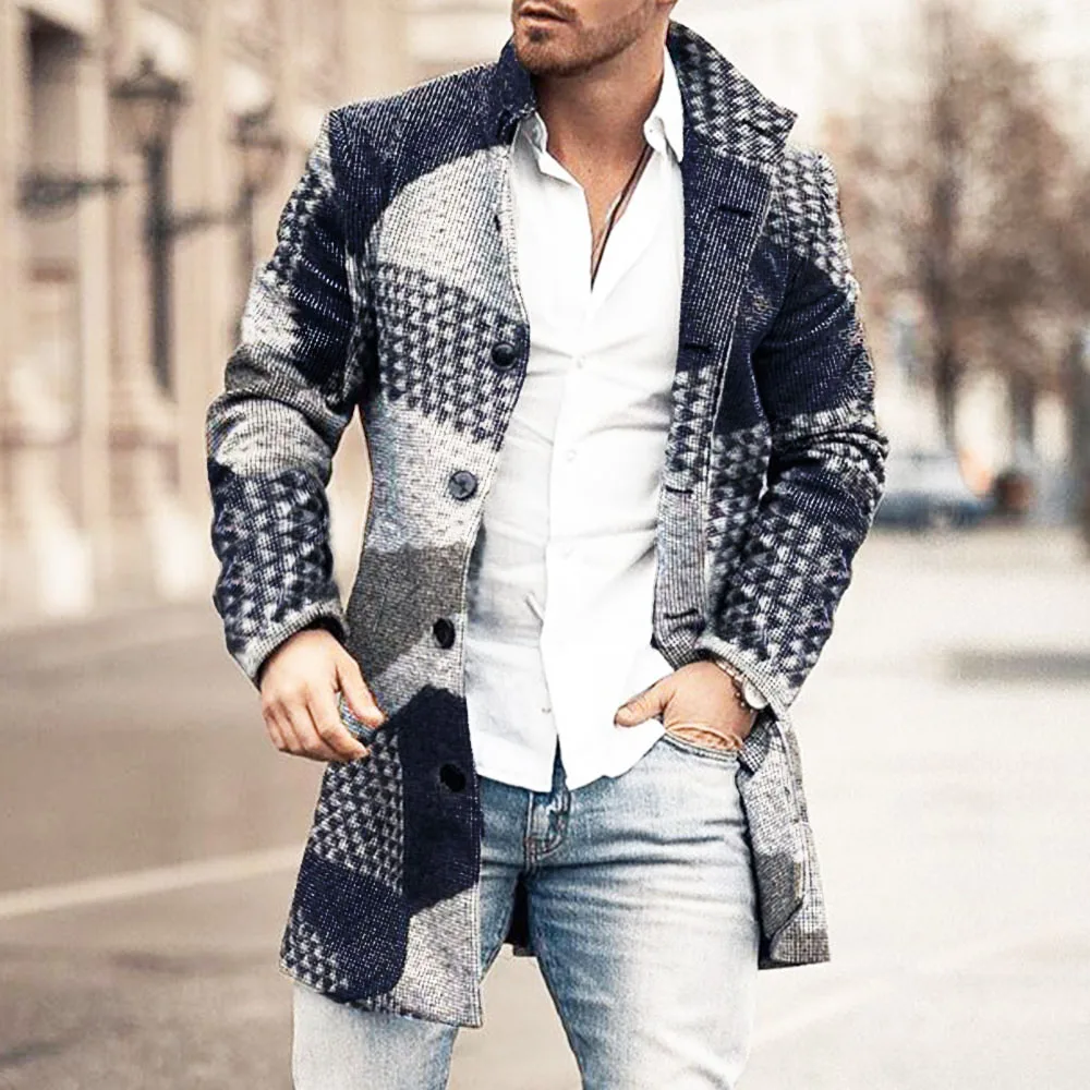 Мужское осеннее длинное пальто с геометрическим принтом модная офисная зимняя