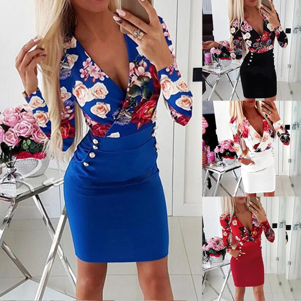 Модное осеннее офисное женское облегающее мини-платье с цветочным принтом и