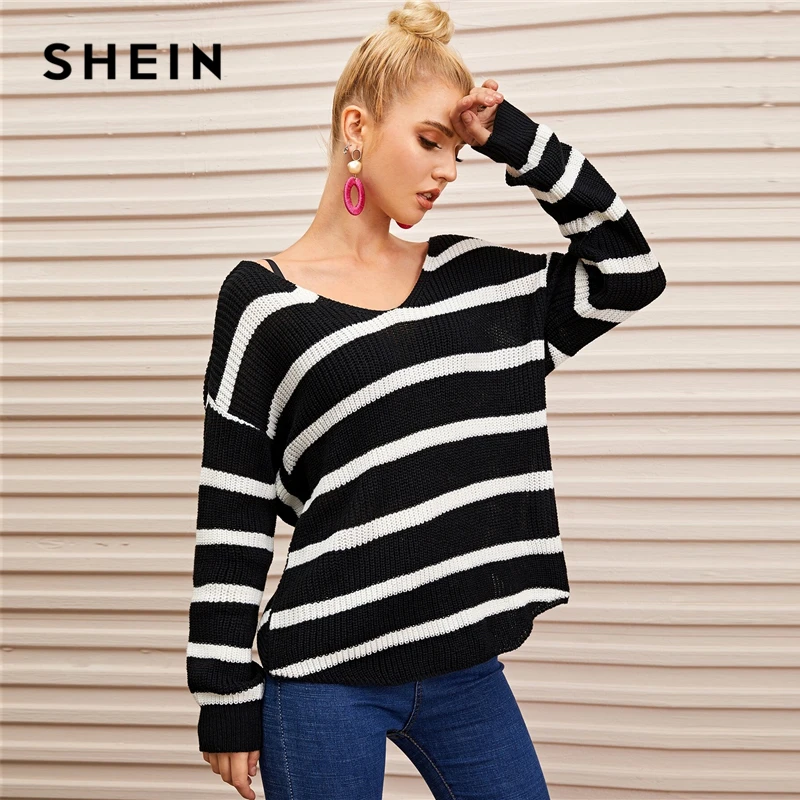 SHEIN черный и белый полосатый твист сзади Падение плеча свитер для женщин Осень Зима V обратно длинный рукав милые Повседневные свитера