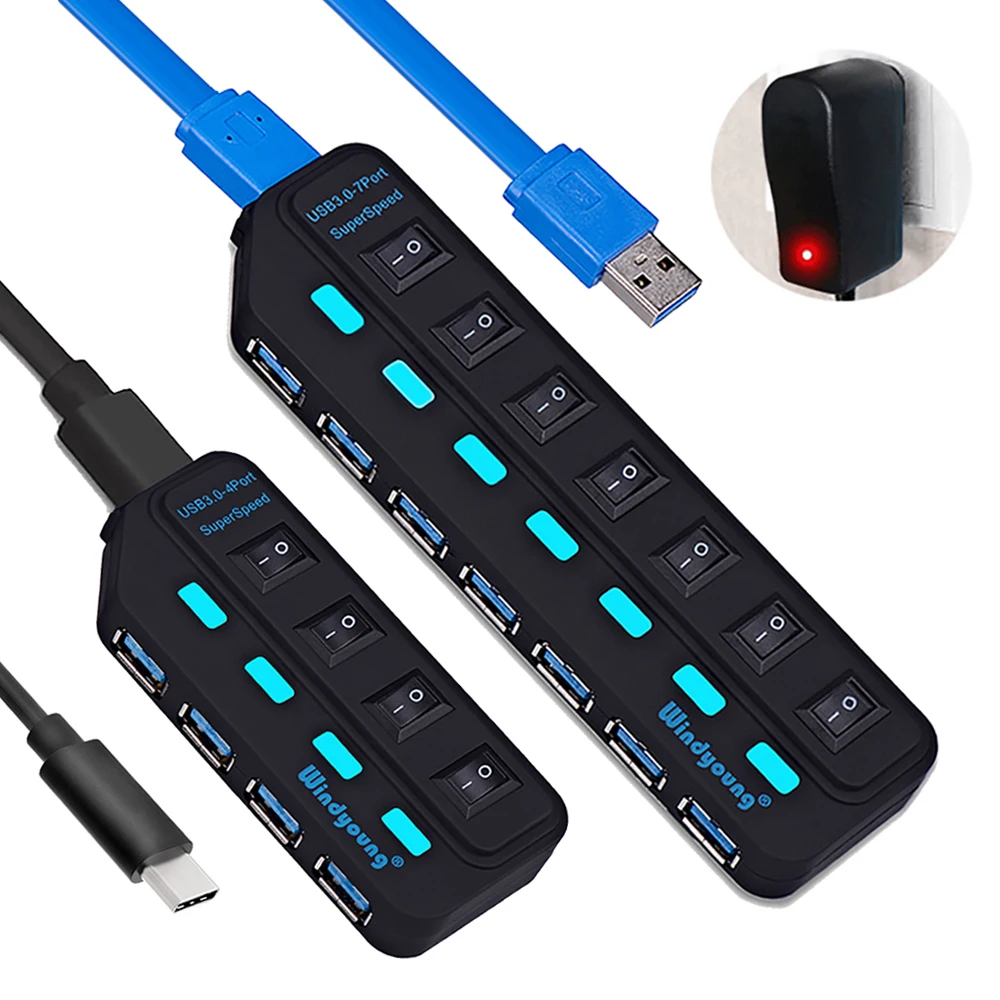 USB 3.0 HUB Type-C Multi Splitter 4/7 Port Expander Multiple USBC 3 Hab Use Power Adapter Hub with Switch For PC | Компьютеры и офис