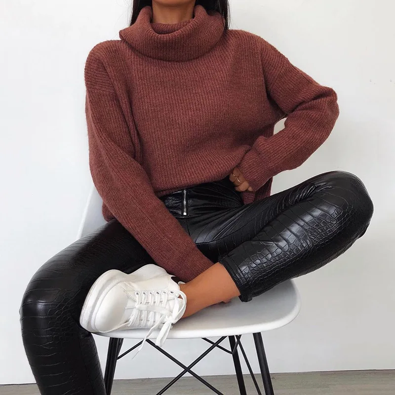 

PU Leather Crocodile Pattern Zipper Tight Leggings Stretch Daily High Waist Black Slimming All-match Leggings Pants Fall Winter