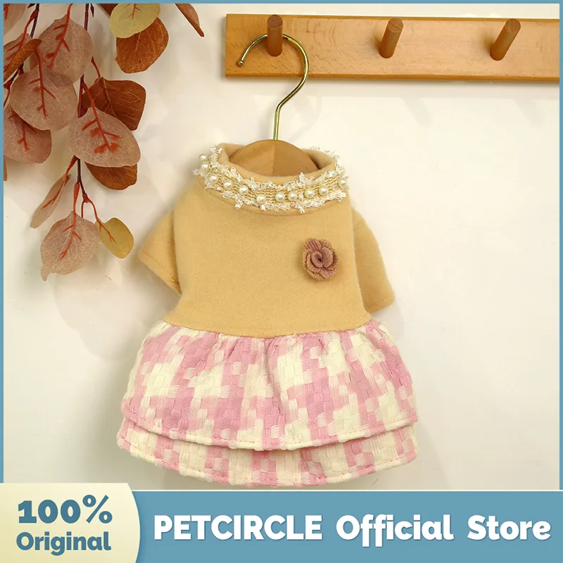 

PETCIRCLE Dog Puppy Clothes Pink Plaid Flower Woolen Dress Pet Cat Fit Small Dog All season Pet Cute Costume Dog Cloth Dog Skirt