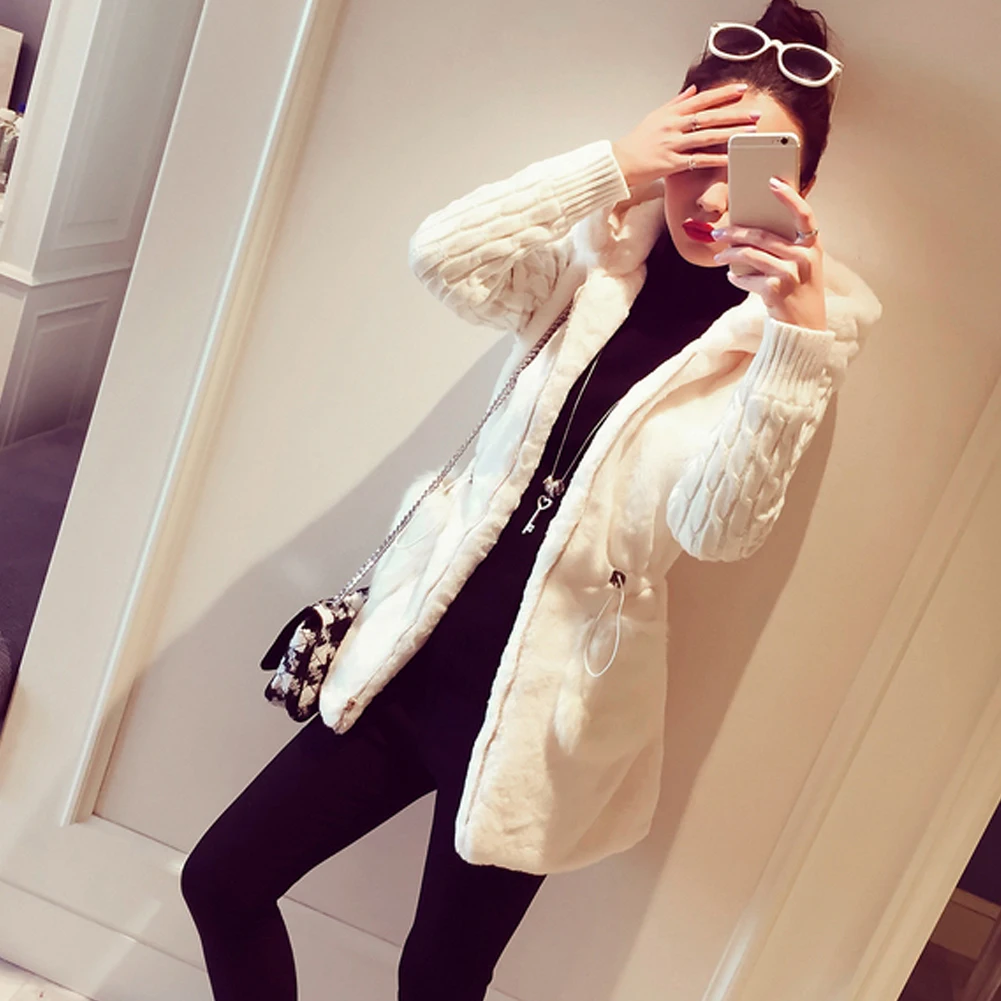 

Women Autumn Winter Warm Jacket Coat Classic Knitted Sweater Patchwork Plush Thick Hooded Outerwear Coat