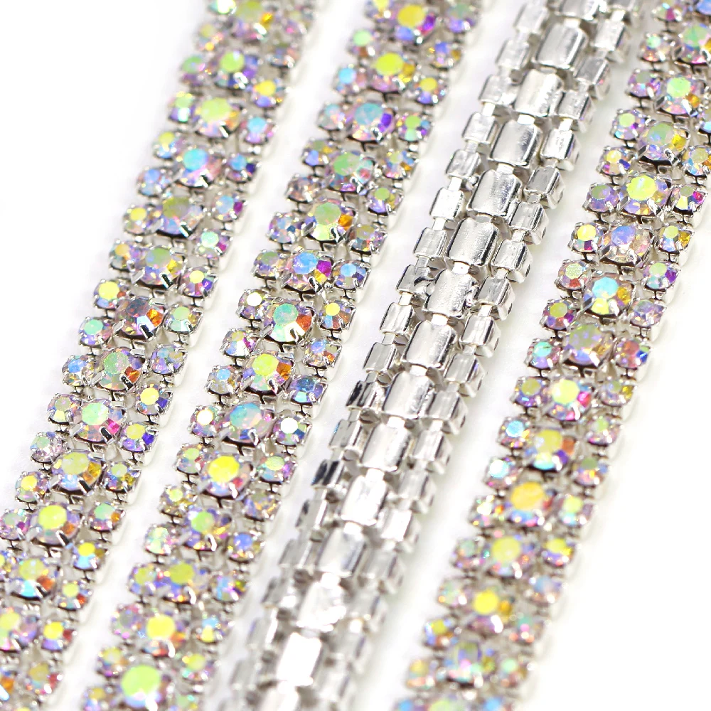 1 ярд 3 ряда стразы в чашке цепочка серебряная основа кристалл AB отделка SS8 + SS16 (2 5