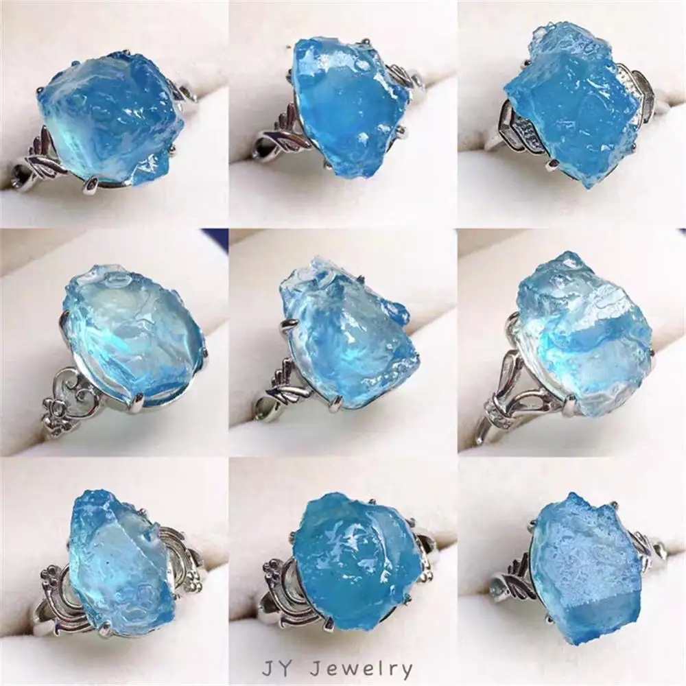 

Top Natural Ocean Blue Aquamarine Stone Ring For Women Men Healing Crystal Luck Beads Stone Silver Adjustable Ring Jewelry AAAAA