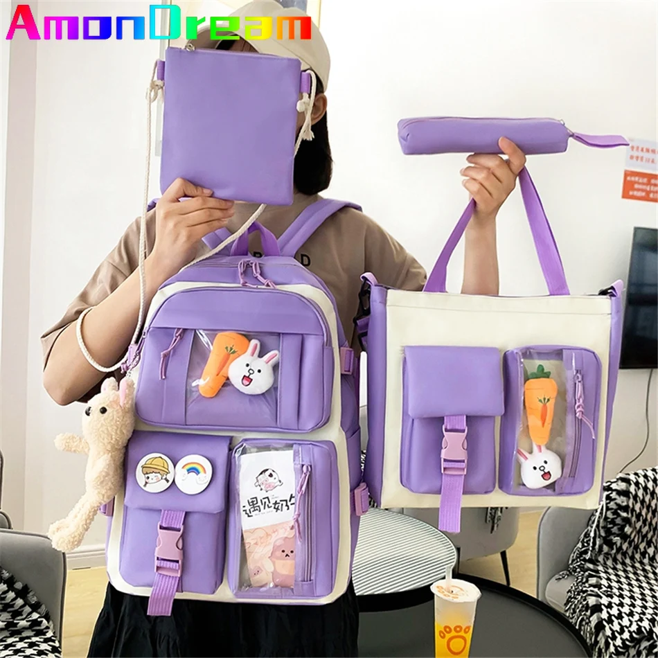 

4 Pcs Sets Canvas Children's School Backpack Kawaii Women's Backpack Bookbag Kids Shoulder Bags for Teens Girls Mochilas 2021