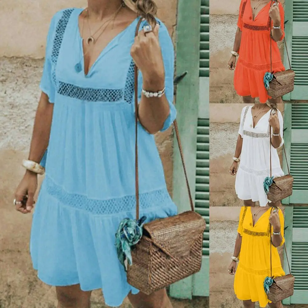 

Plus Size Summer Lady Crochet Solid Color V Neck Short Sleeve Pleated Mini Dress Wholesale Dropshipping New Arrival