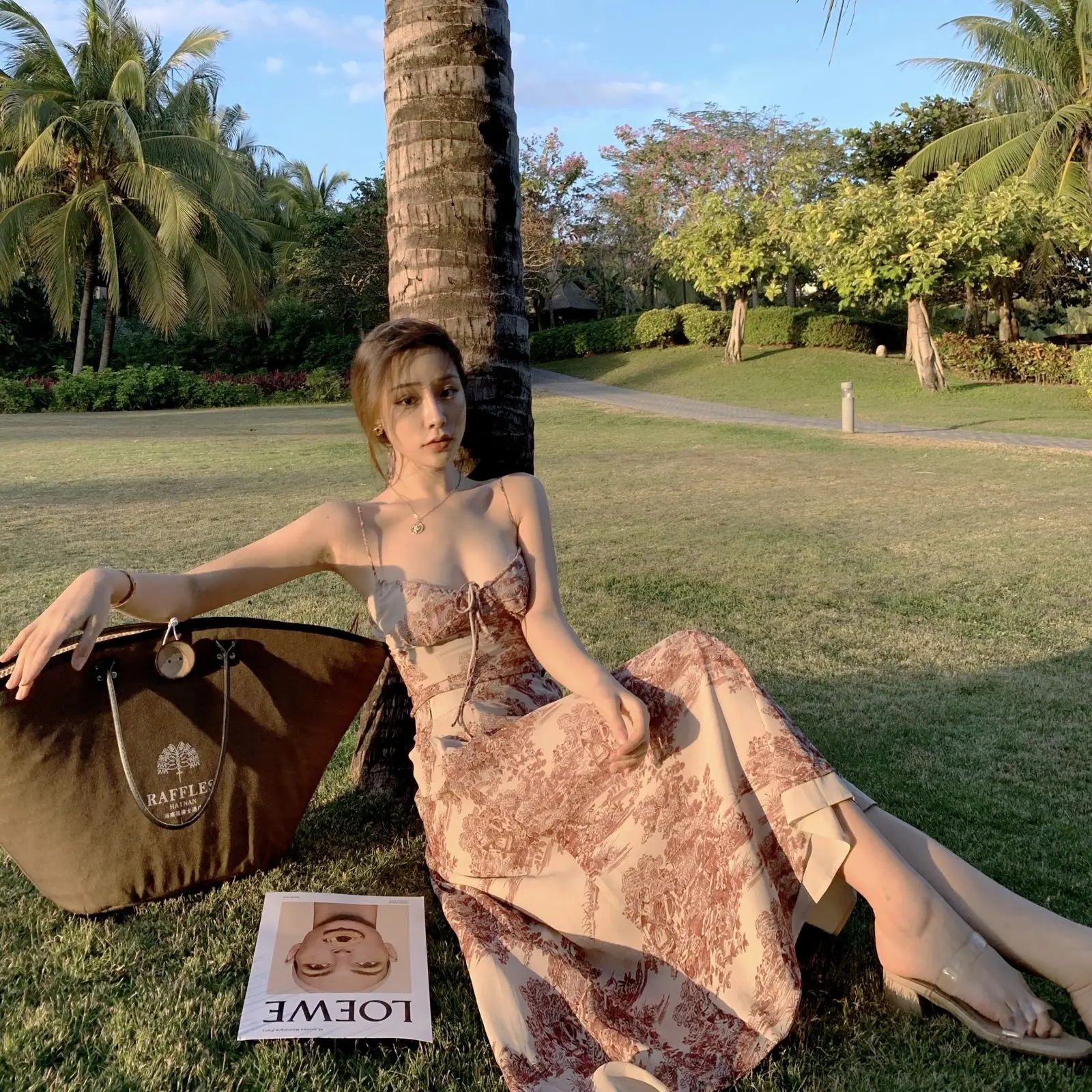 

Dresses French Style Printing Slip Dress Super Fairy Clothing for Trips to Sanya Vacation Dress Kawaii Robe ete