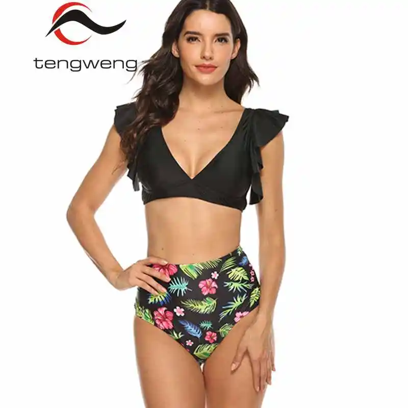 black bikini Tengweng, бикини с оборками,, сексуальный купальник из 2 частей, бикини, женский купальник с принтом, бандаж, пуш-ап, пляжная одежда, плюс размер, купальный костюм - Цвет: black bikini