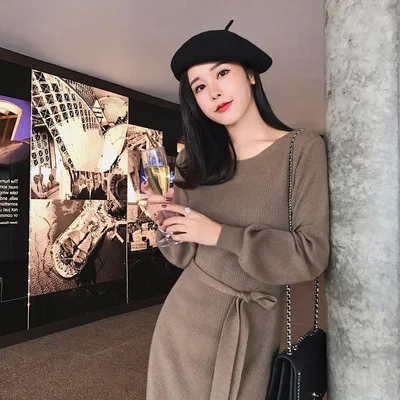 C-coffee Semfri платье Женский Длинный свитер платье зима фонарь рукав бодикон vestidos высокое качество o-образным вырезом пояс вязаные платья - Цвет: C-coffee