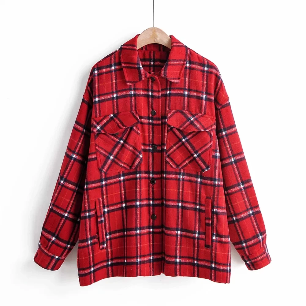 red plaid Винтажная женская красная клетчатая плотная длинная рубашка модная женская твидовая рубашка женские осенние шерстяные блузки оверсайз шикарные топы для девочек - Цвет: red plaid