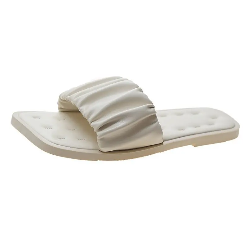 Summer New Women's Outdoor Flat Slippers Roma Style PU Pleated Violet White Flat Ladies Sandals Fashion Rubber Shoes Slippers