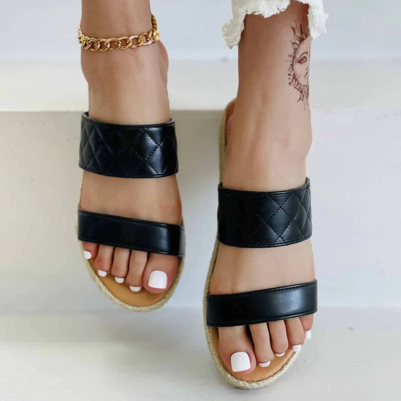 

2021 New Women's Shoes Fashion Casual Summer Solid Color PU Diamond Open Toe Flat Woven Comfortable Daily Sandals 6KF274