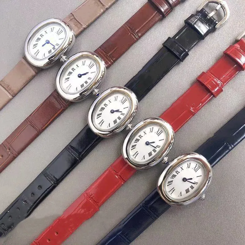 

Classic women genuine cow leather quartz watch Baignoire 1920 series oval wristwatch geometric blue pin bathtub clock 26 32mm