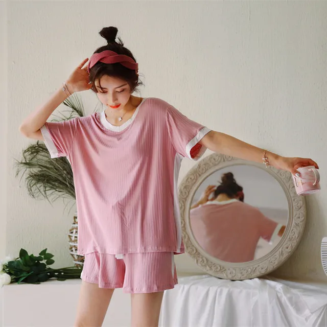 

100% Cotton Women's Pajamas Set Loungewear Korean Fashion Bow Short Sleeve Tops+ Shorts Homewear Suit Summer Sleepwear Female