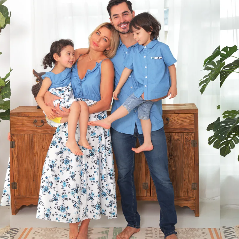 

Five Family Clothing Parent-Child Clothing 2021 Summer Mom Daughter Dress Dad Son TShirt Baby Denim Blue Parent-Child Outfit Set