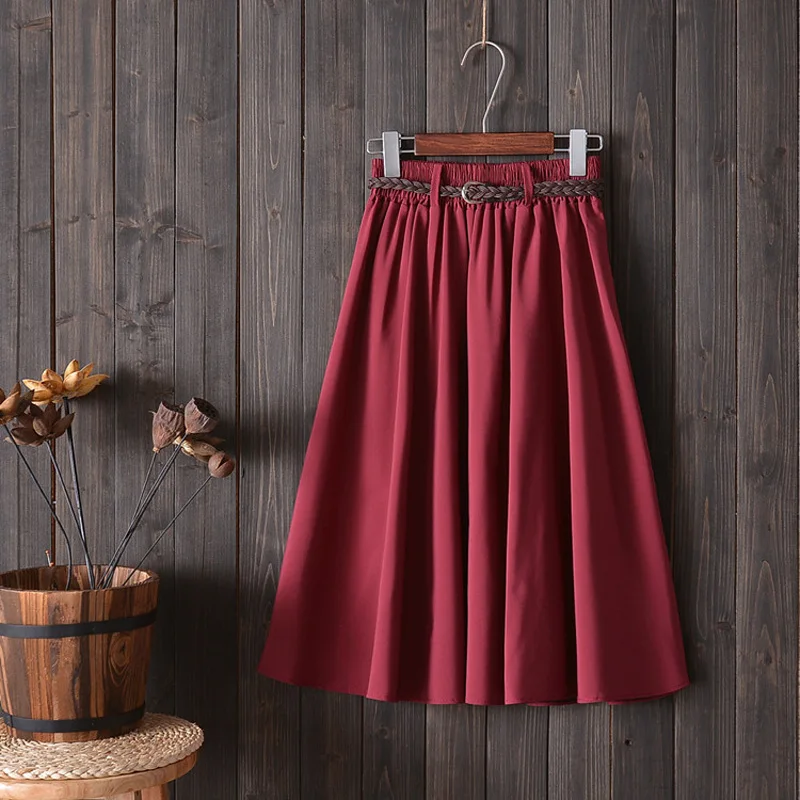 

Midi Knee Length Summer Skirt Women With Belt 2019 Fashion Korean Ladies High Waist Pleated A-line School Skirt Female