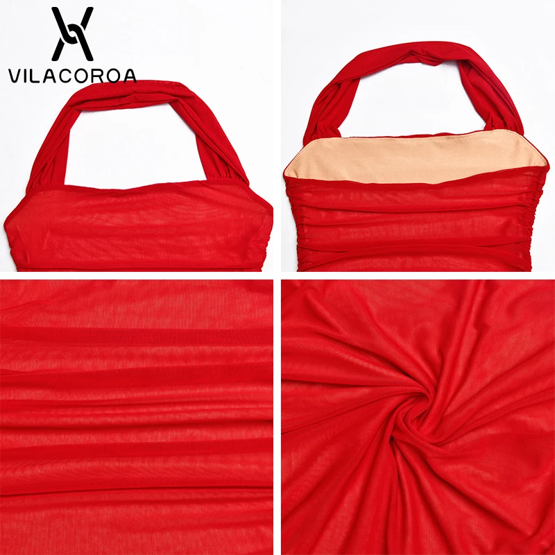 

Summer Slim Tube Top Halter Women Dress High Street Sexy Tight Buttocks Backless Mesh Stitching Draped Party Red Dresses Female
