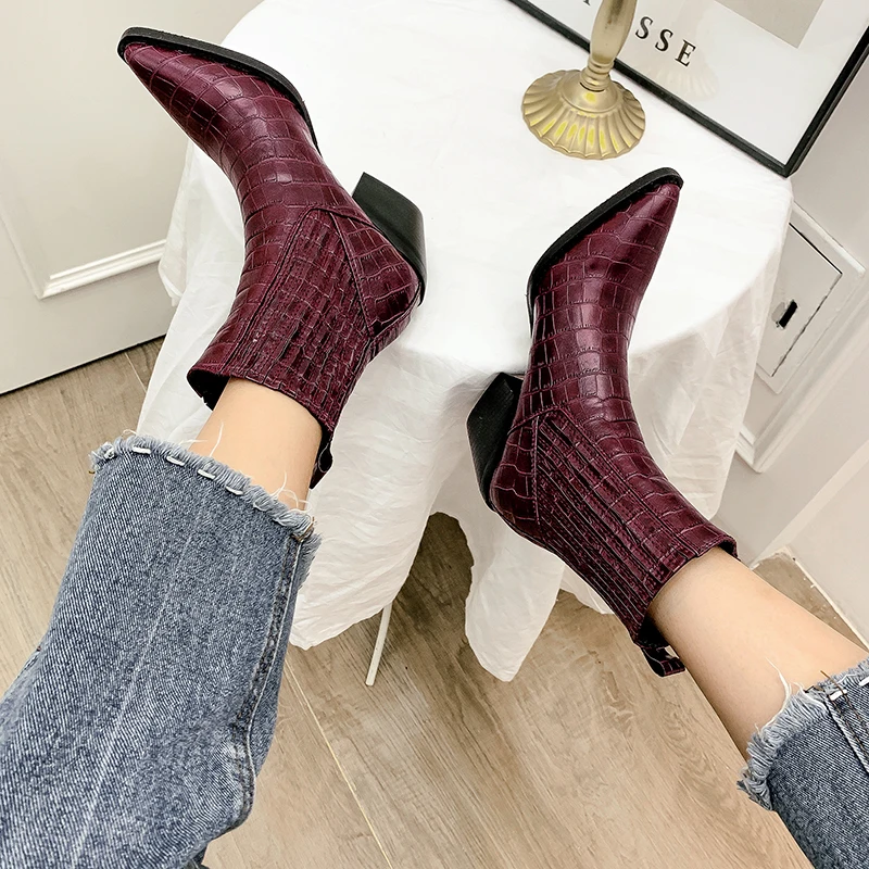 Brand Fashion Embossed Microfiber Leather Women's Ankle Boots Pointed Toe Western Cowboy Boots Women Wedges Riding Runway Boots