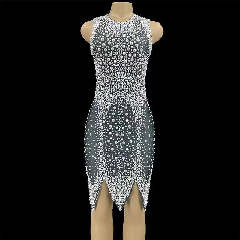 

Мигающее сексуальное облегающее мини-платье с большим жемчугом, праздничный наряд для дня рождения, вечернее Клубное шоу, женское танцевал...