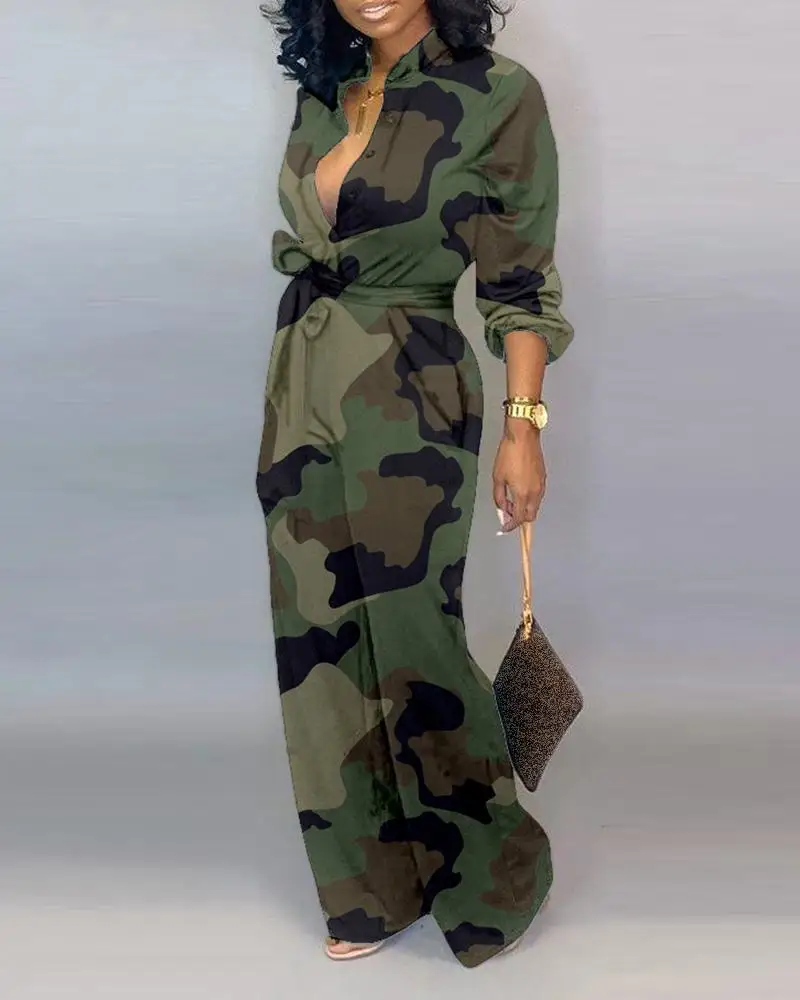Women V Neck Camouflage Print Buttoned Jumpsuit Long Sleeve Rompers Party Club Jumpsuits