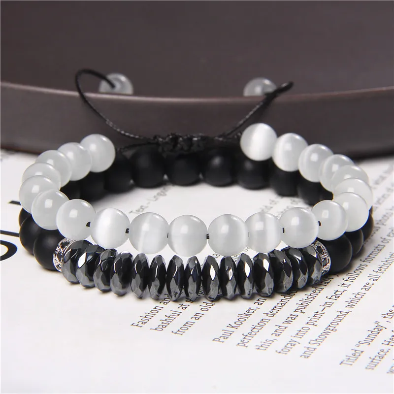 

2pcs Hematite Stone Beads Bracelet Set Erkek Bileklik Jewelry Mens Fashion Bracelets For Women Punk Pulseras Mujer Couples Gift