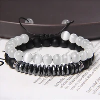 2pcs hematite stone beads bracelet set erkek bileklik jewelry mens fashion bracelets for women punk pulseras mujer couples gift