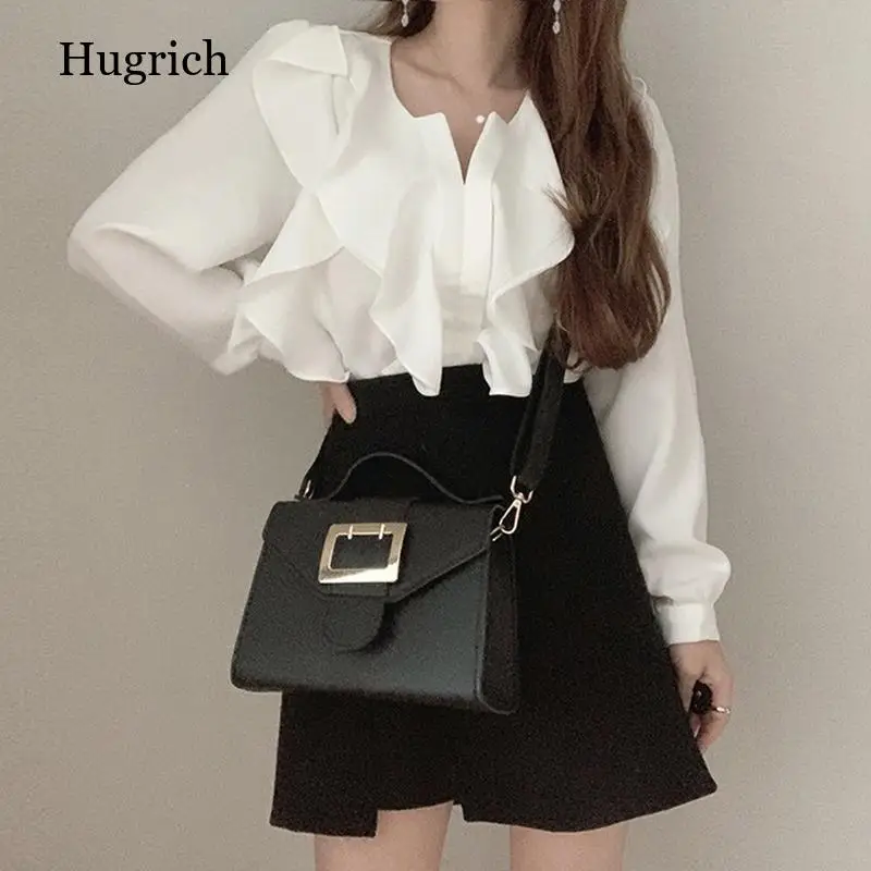 

Элегантные женские топы с оборками, Весенняя новая рубашка с длинным рукавом, белая блузка с V-образным вырезом, однотонная Корейская одежда