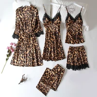 summer new 5 pcs set women pyjama satin high quality sexy leopard sleepwear with chest pad pajamas
