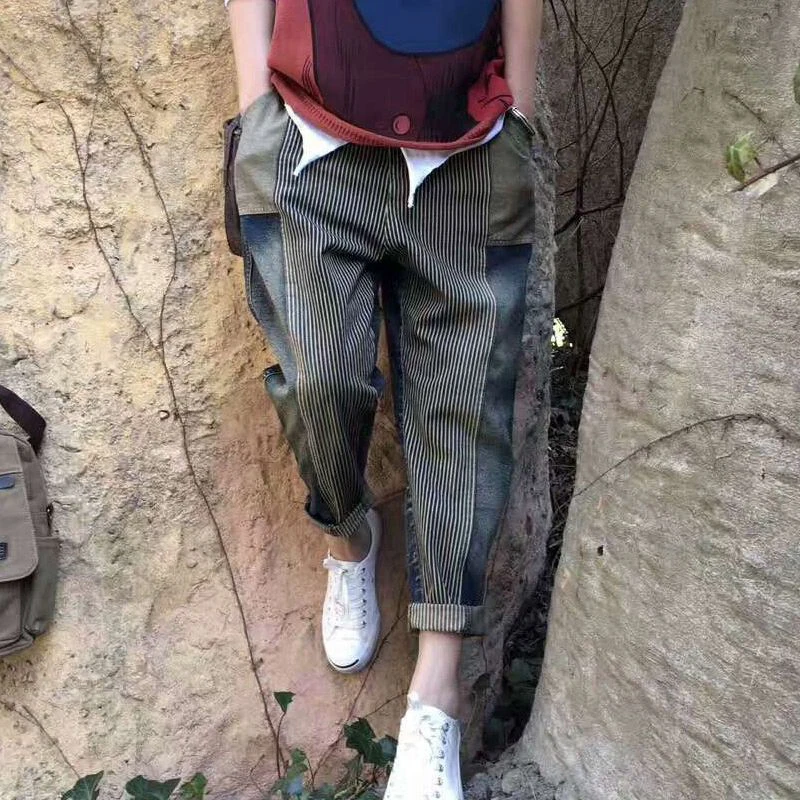 

Spring Arts Style Cotton Denim Harem Pants All-matched Casual Spliced Stripe Loose Jeans Elastic Waist Vintage Lady Jeans S499