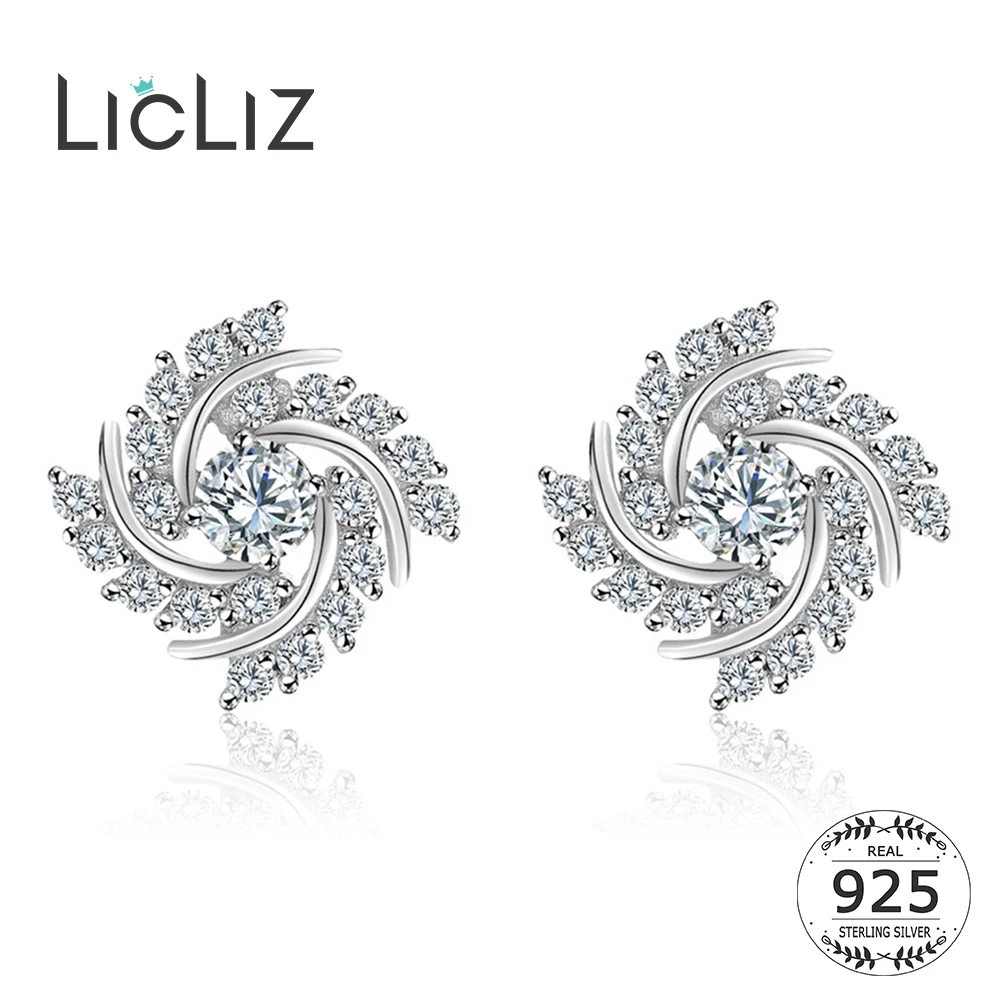 

LicLiz 925 Sterling Silver Cubic Zirconia Stud Earrings Women Ear Piercing Studs Hollow Geometric Spiral Windmill Earring LE0329