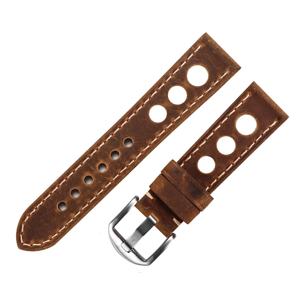 Genuine Leather Watch Strap Three holes Breathable Soft Watch Band Strap With Buckle Cowhide Watch Belt 20mm 22mm Vintage Brown