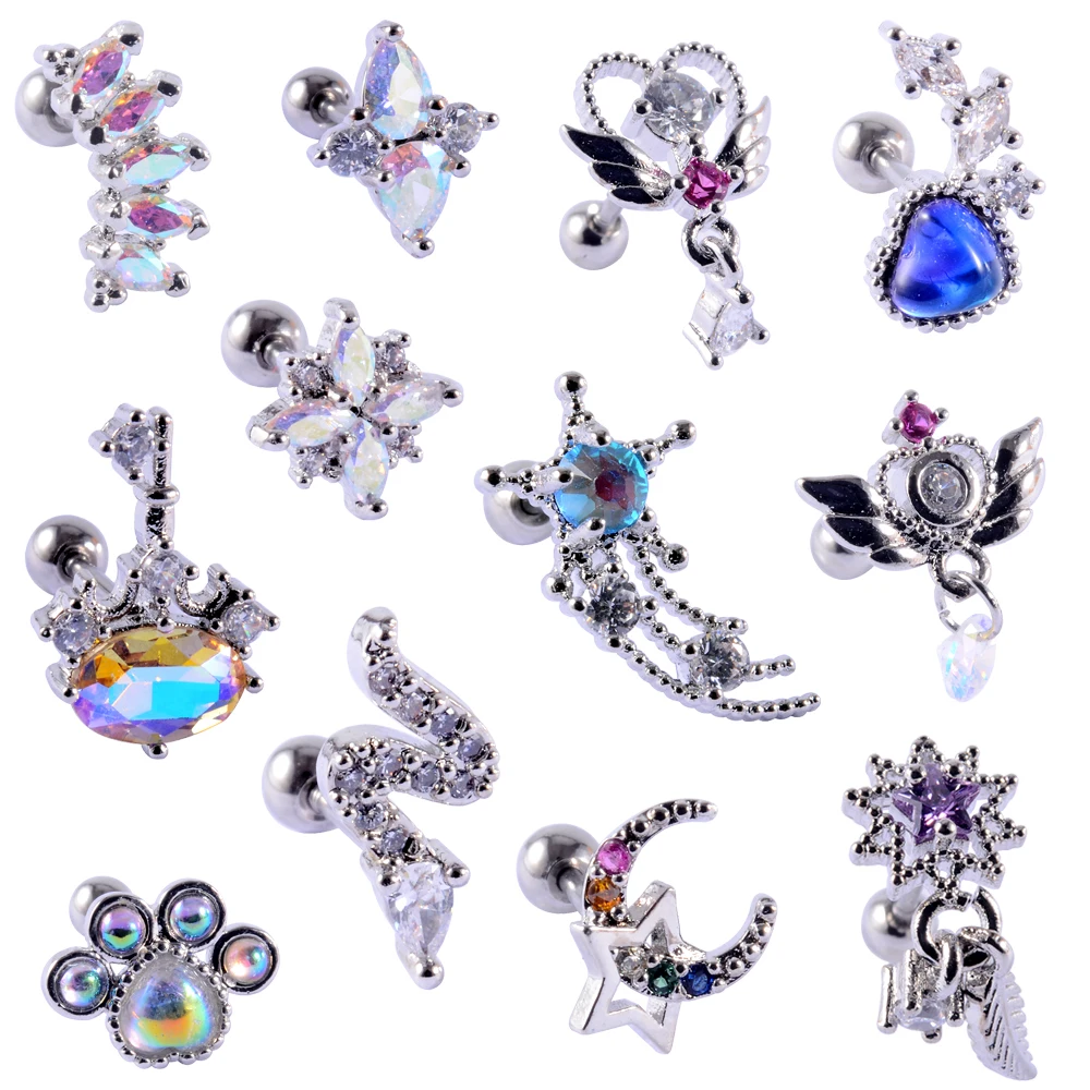 

12PCS/Lot Stainless Steel Barbell Cz Tragus Helix Cartilage Earrings Multicolor Crystal Flower Moon Lobe Earring Piercing 20G