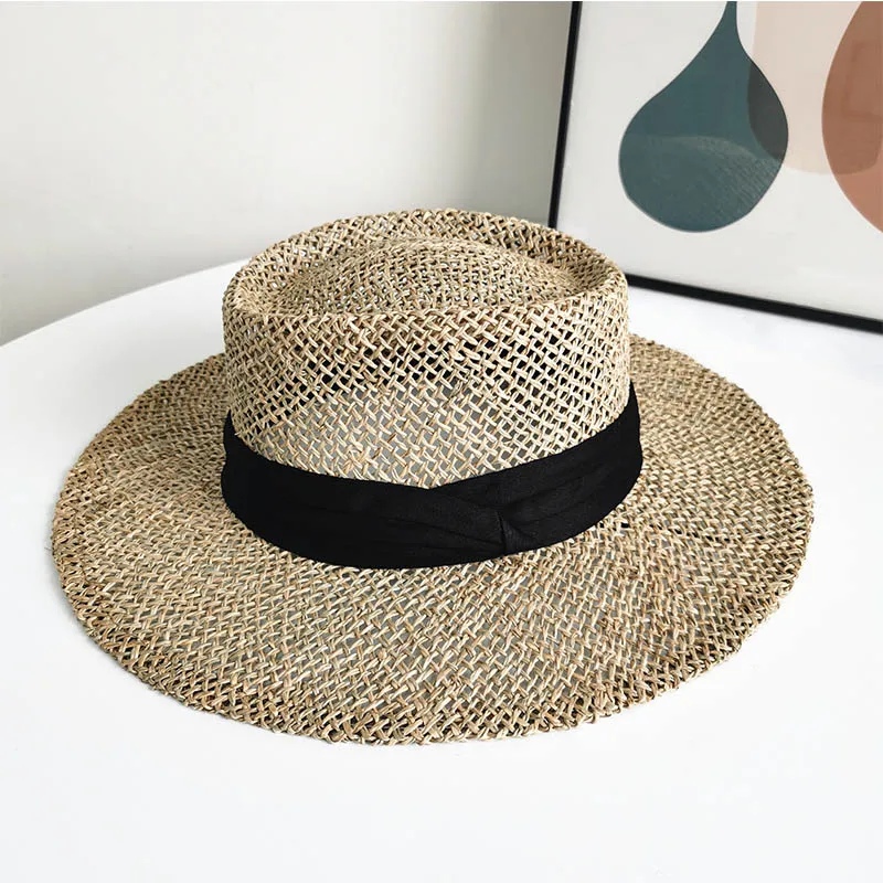 Плетеная вручную соломенная шляпа с плоским верхом Солнцезащитная сетчатая