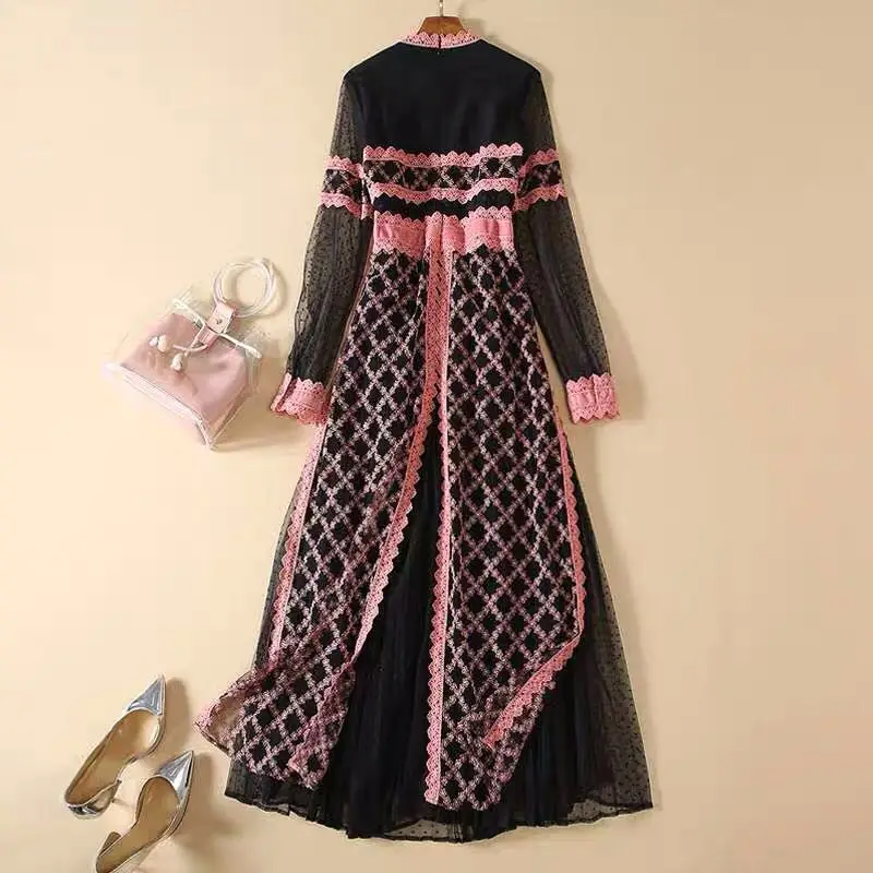 

Luxury Runway Maxi Dresses Embroidery Striped O-neck Lace Plaid Plus Size Dinner Party Dress For Women Autumn Winter Fashion Za