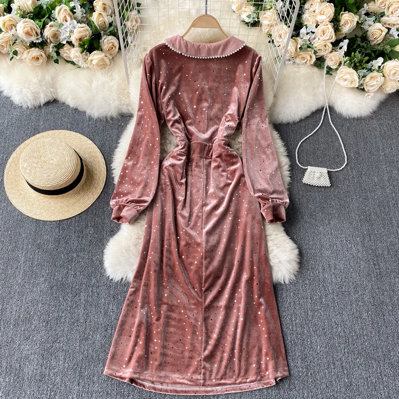 

Vintage Beading Velvet Party Women Black Midi Dress Elegant Turn-Down Collar Long Sleeve High Waist Casual Vestido Spring Autumn