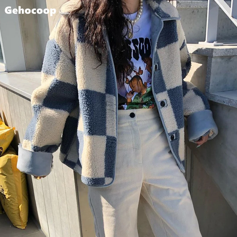 

Women Jacket Winter Warm Faux Lamp Coat Women Short Jackets Patchwork Long Sleeve Turtleneck Casual Outwear Ladies Overcoat