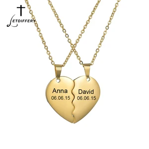 Индивидуальное ожерелье с именами сердца для пары, 1 пара, из нержавеющей стали, с гравировкой имени, дата, для женщин и мужчин, персонализированные ювелирные изделия, подарки
