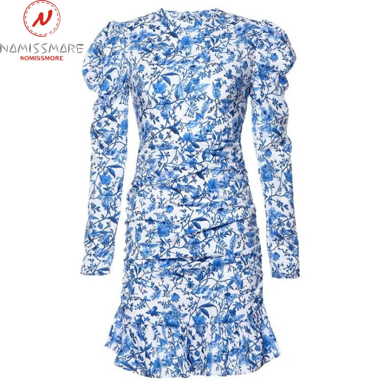 

Women Long Sleeve Dress for Streetwear Patchwork Hollow Out Design Ruffles Decor Halter Print Sexy Lady Autumn Slim Party Dress