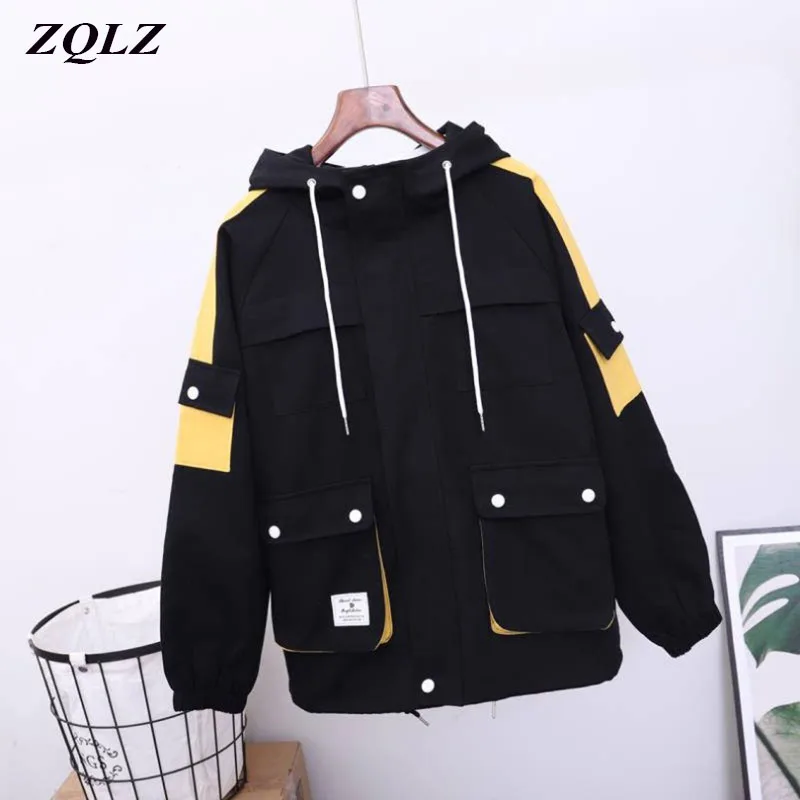 Женская куртка с капюшоном ZQLZ черное пальто на молнии длинным рукавом в стиле