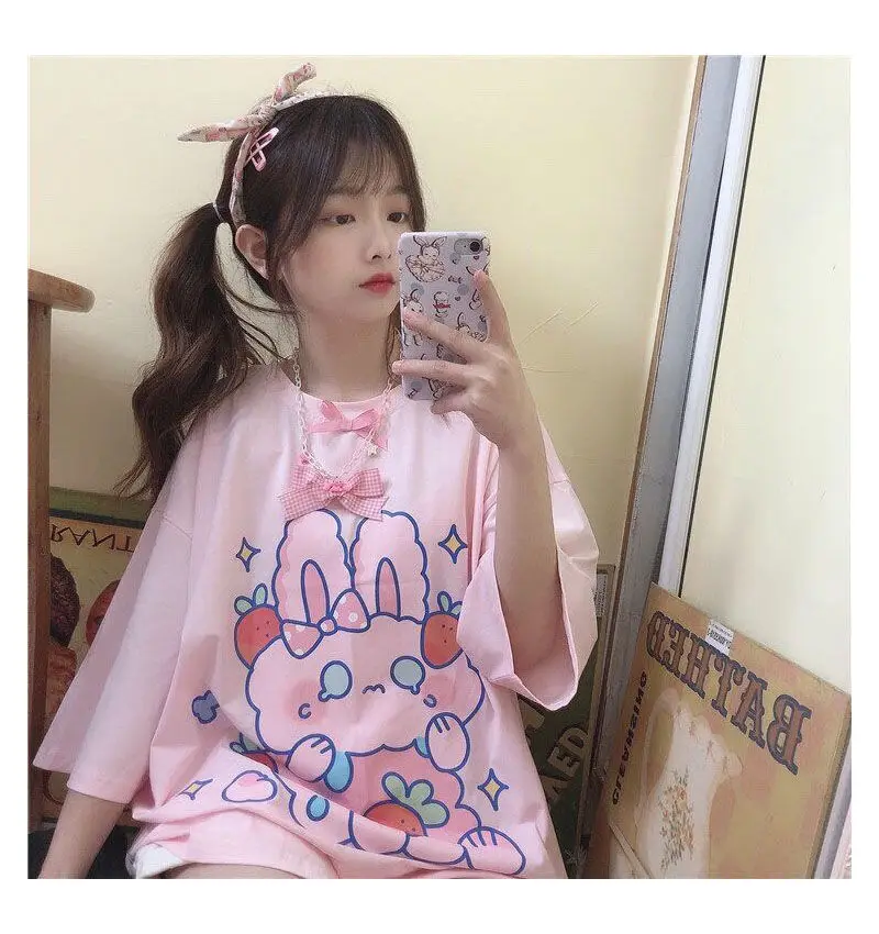

Japanese Harajuku Girl Sweet Cute Cartoon Rabbit Print T-shirt Women Short-sleeved Loose T-shirt Female Pink Kawaii Tops Tees
