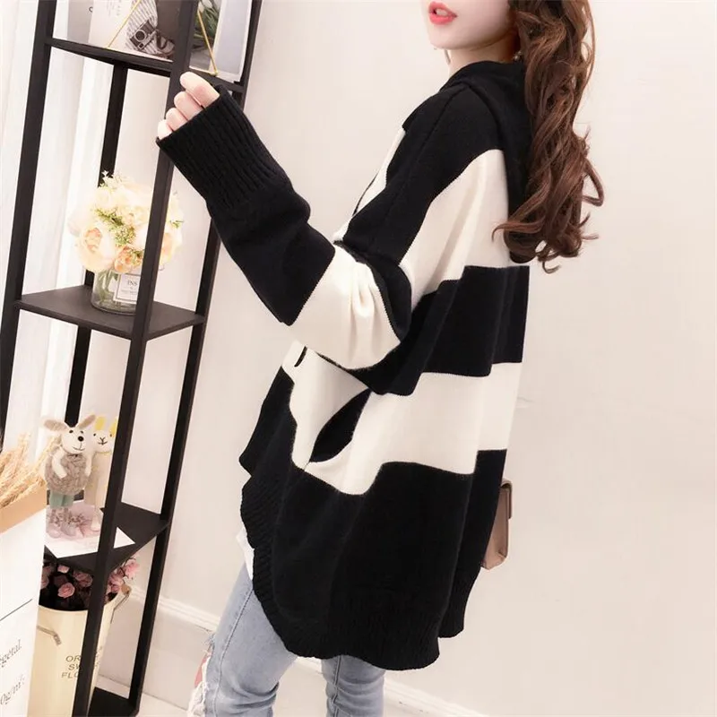 2019 осенний и зимний свободный свитер в полоску с капюшоном женский корейский