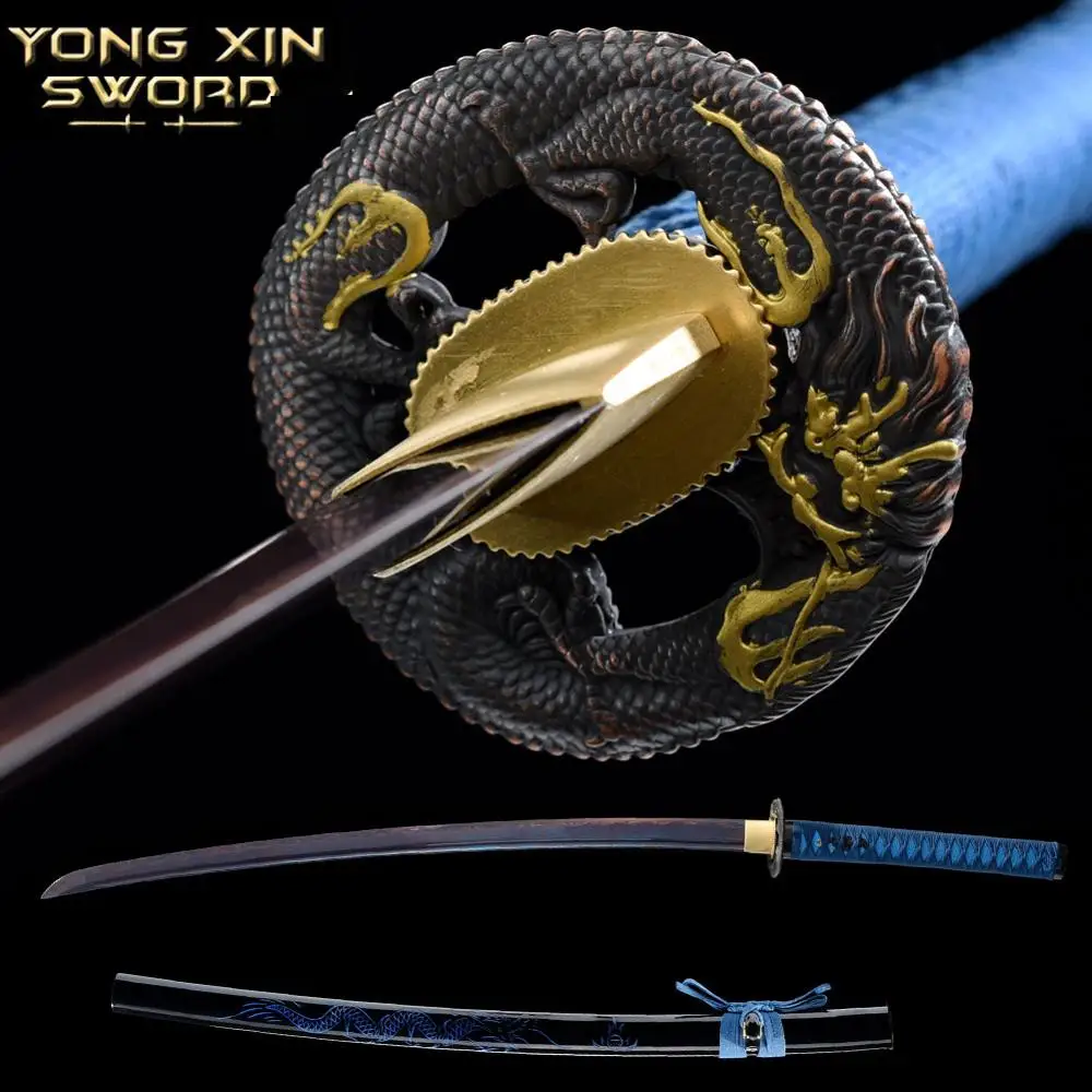 Handmade Carbon steel Japanese Samurai Katana sword full tang sharpened New Folded steel blue Blade Japanese Samurai Katana