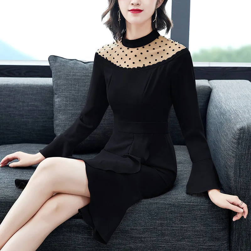

Spring Elegant Hollow Out Sexy Vintage Party Club Dresses Dot Mesh Stitching Flare Sleeves High Waist Irregular Ladies Dresses