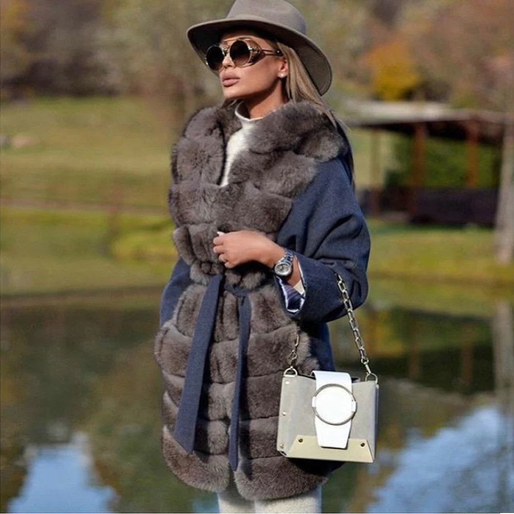 Women Wool Blends with Fox Fur Collar Warm Long Coat Winter New High Quality Real Fox Fur Cashmere Coat Outwear with Belt Slim