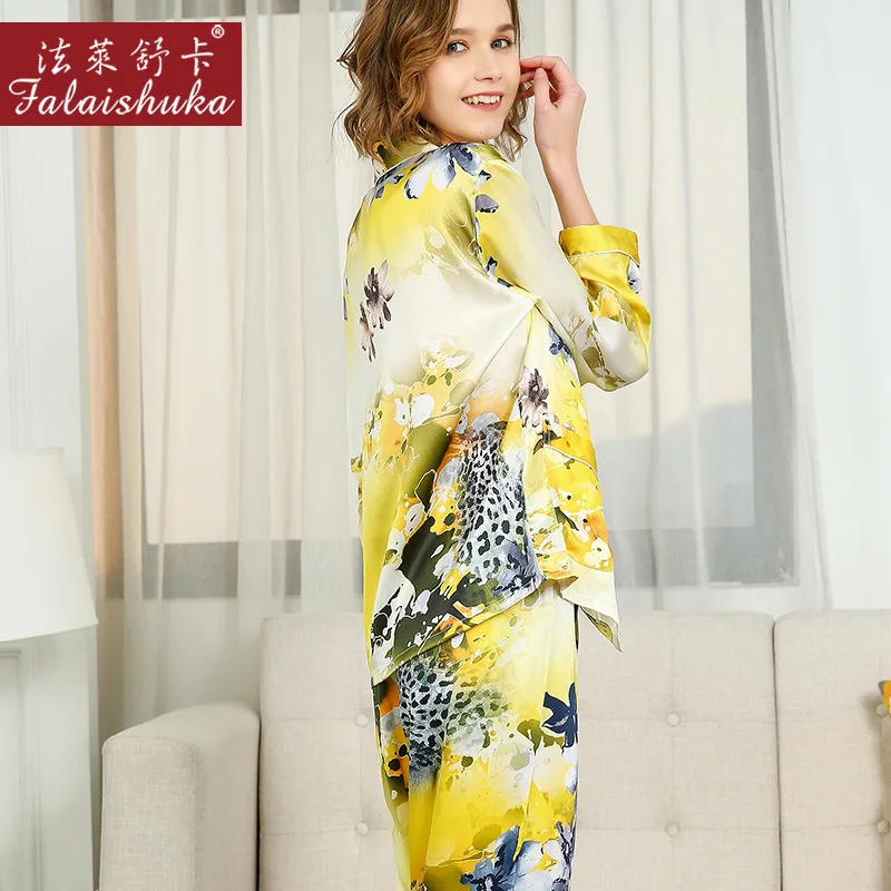 100% Natural Silk Pajama Sets Female Spring Autumn Real Silkworm Silk Sleepwear Fashion Printed Women Pyjamas T8236