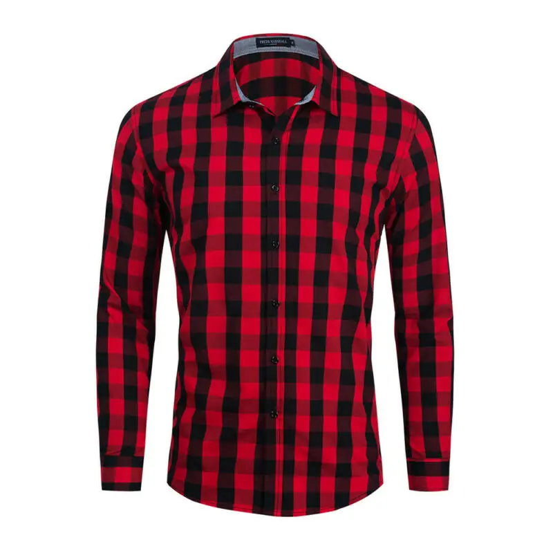 

Mens Shirts Red Black Patchwork Men Clothing Fashion Business Shirt For Men Plaid Tops